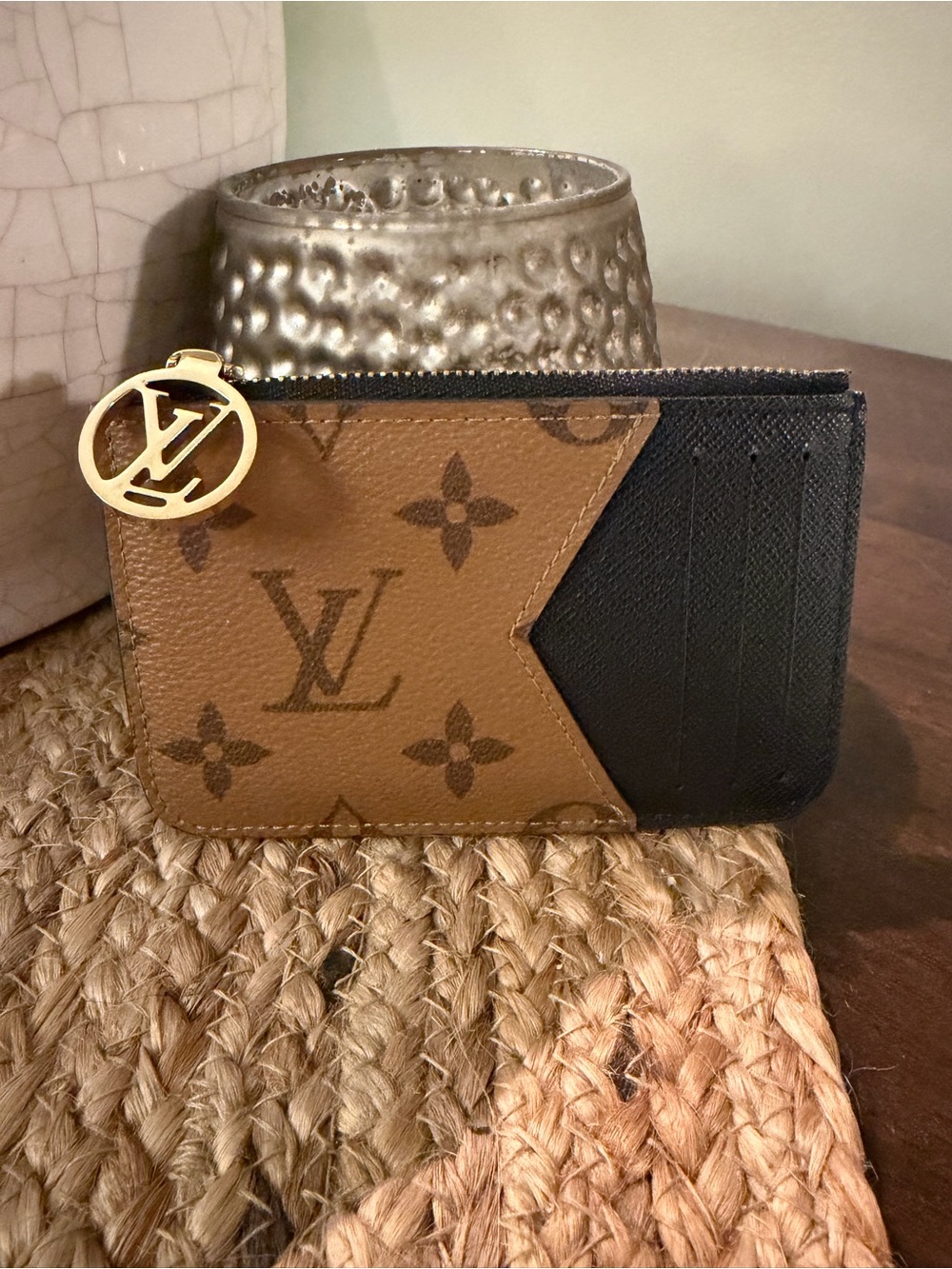 Louis Vuitton Brown Monogram and Black Card Holder with Gold LV Charm